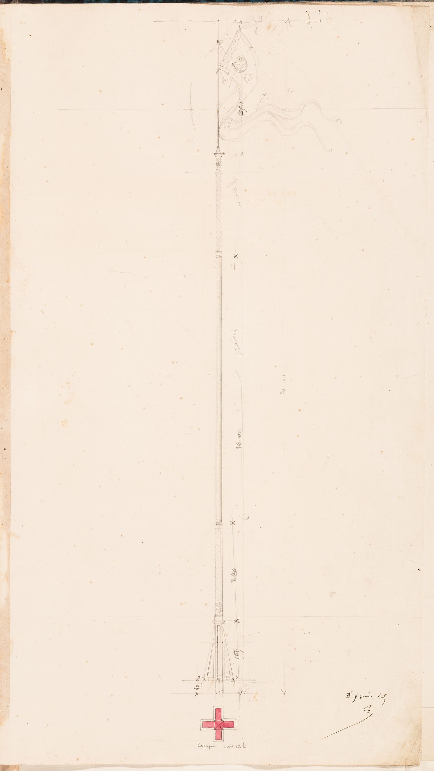 Hippodrome national, Paris: Plan and elevation for a flag pole