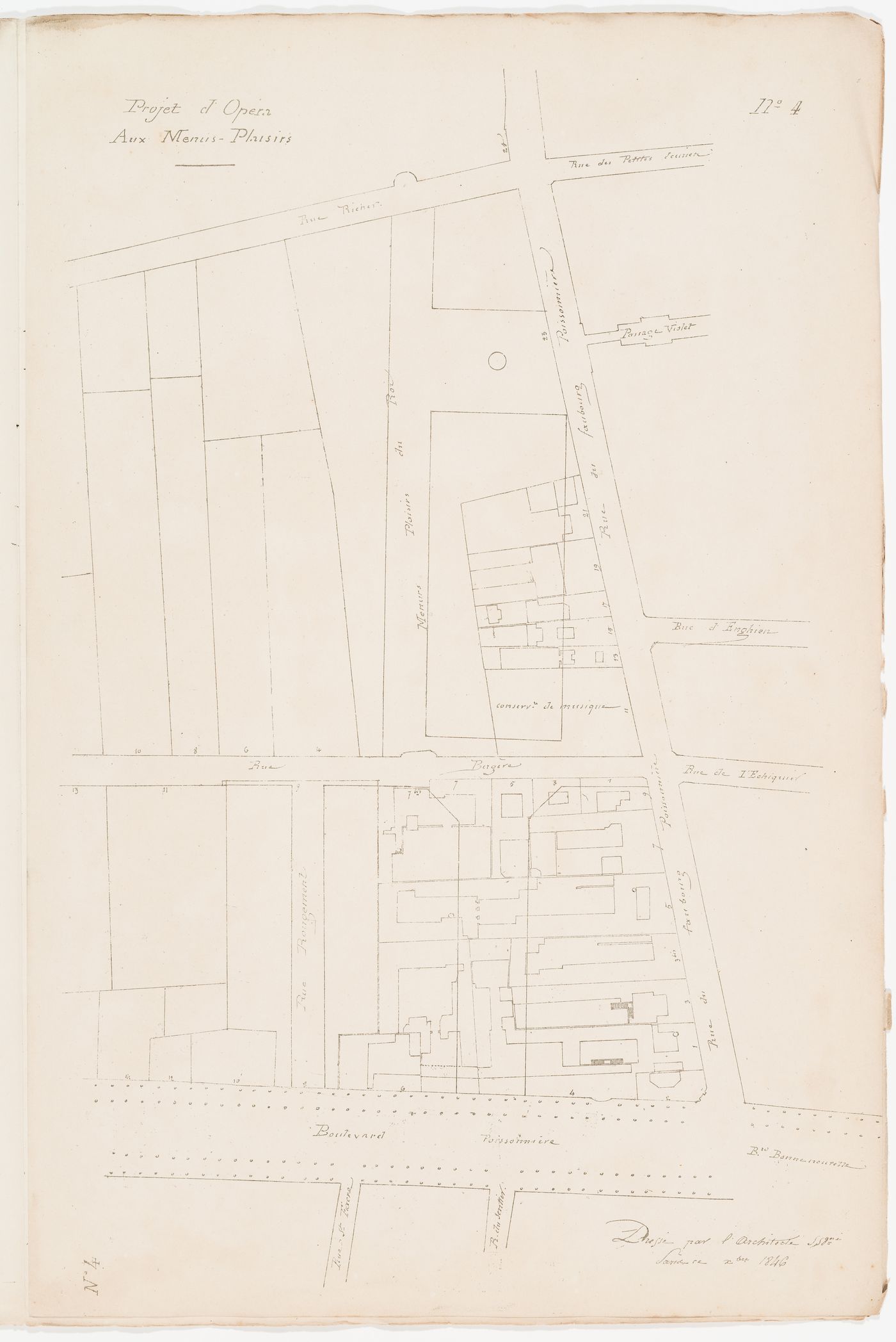 Project no. 4: Site plan for an opera house for the Académie royale de musique, Menus-Plaisirs; verso: Project no. 5: Site plan for an opera house for the Académie royale de musique on the Bains Chinois site