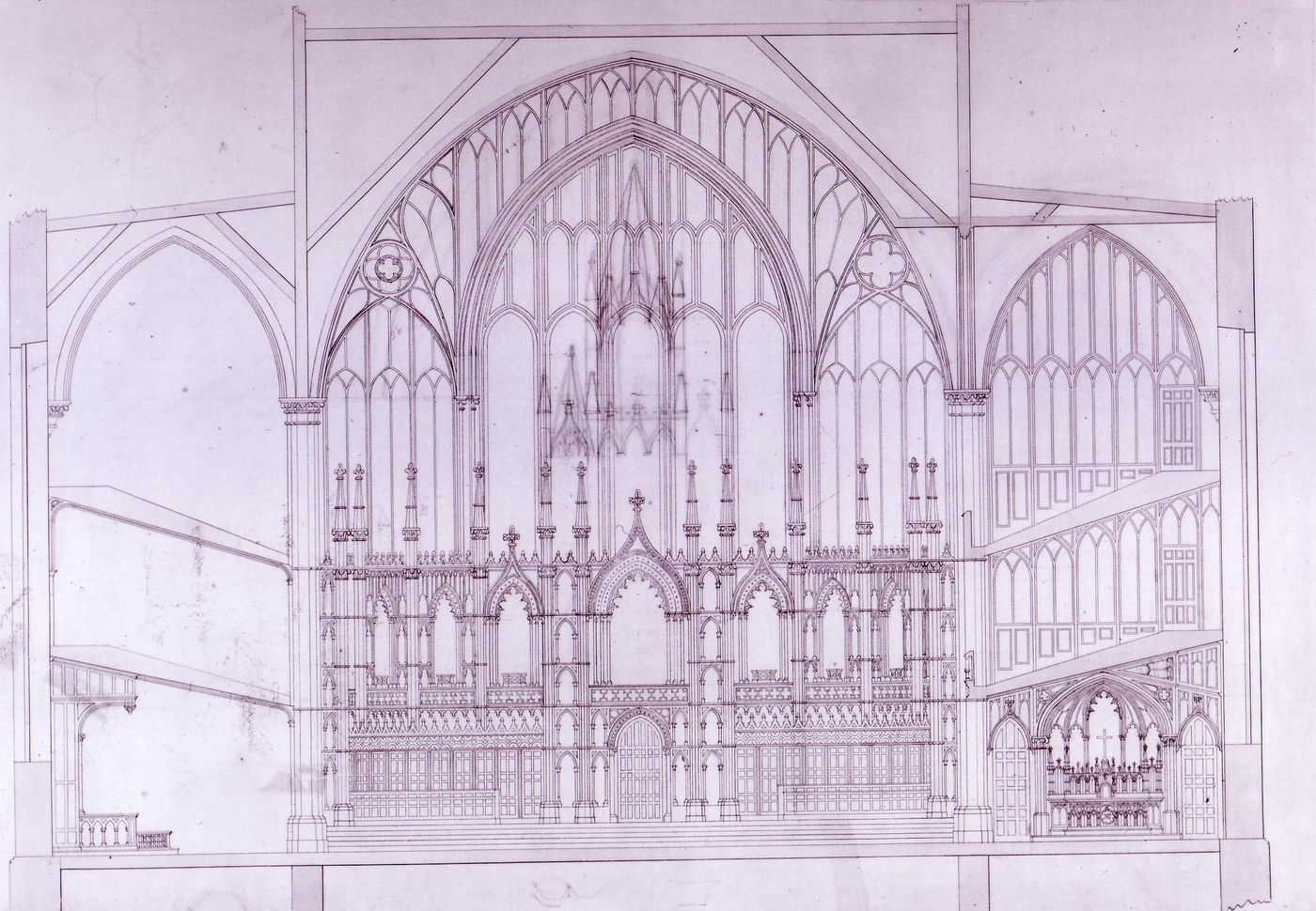 Section for the nave and apses for the interior design by Bourgeau et Leprohon for Notre-Dame de Montréal