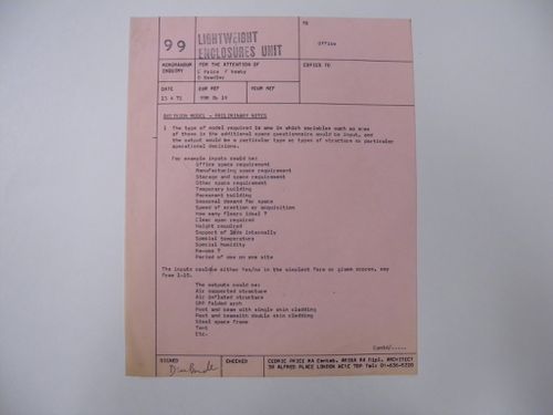 Internal memo describing a possible cybernetic model for organizing and retrieving information gathered by Lightweight Enclosures Unit on lightweight structures