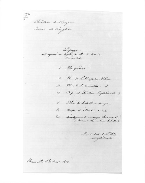 Table of contents listing seven drawings for glass conservatories at the Château de Ciergnon