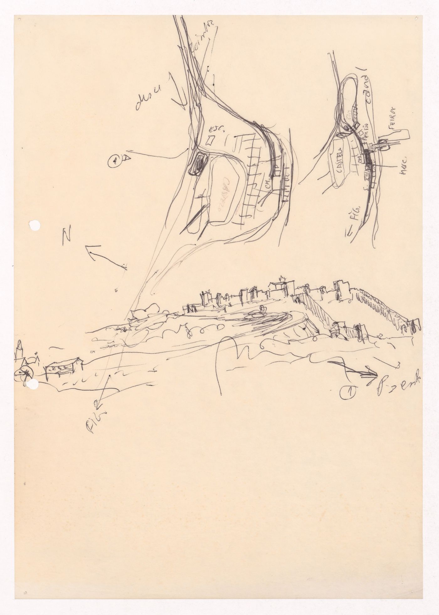 Sketch site plans and perspective for Palácio de Jústiça, Montemor-o-Velho, Portugal
