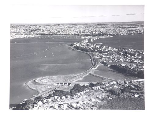 Aerial view of the Auckland Harbour Bridge, over the Waitematā Harbour, Auckland, New Zealand