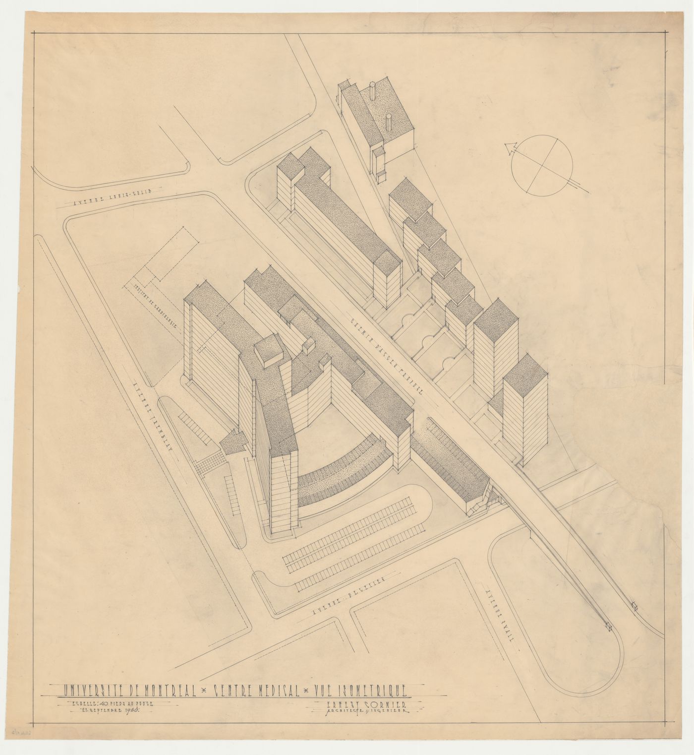 Vue isométrique, Centre hospitalier, Université de Montréal, Montréal, Canada (1950-1961)