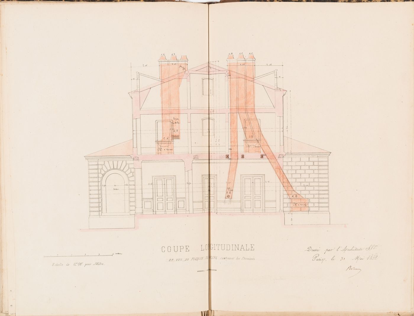 Cross section through the left gable showing the placement of the chimneys and flues for a country house for Madame de Lescure, Royan