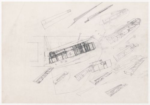 Sketch perspectives, axonometric views and floor plan for Casa Aníbal Guimarães da Costa, Trofa, Portugal