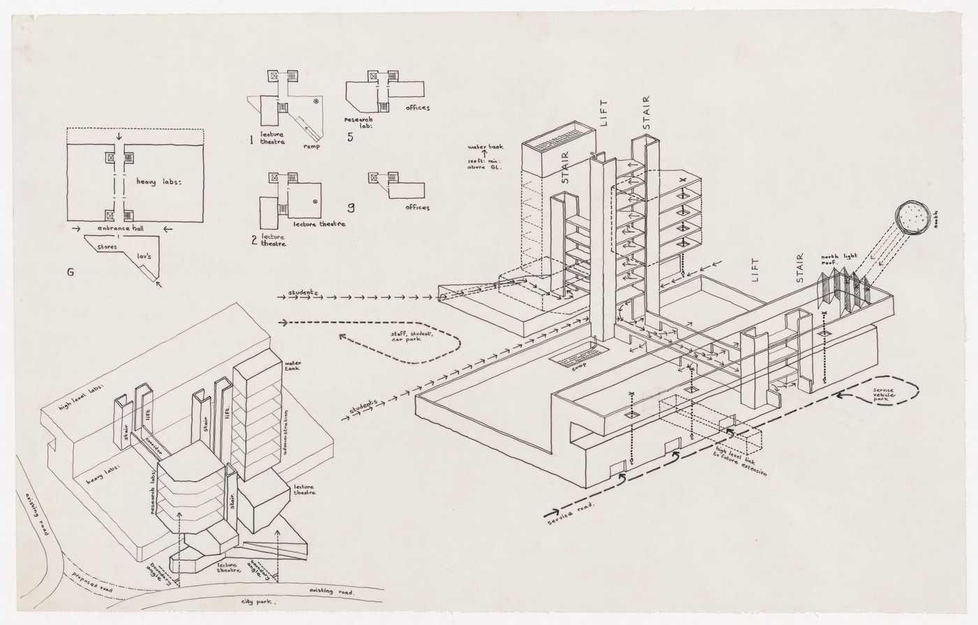 Diagram of vertical and horizontal circulation for Leicester University Engineering Building, Leicester, England