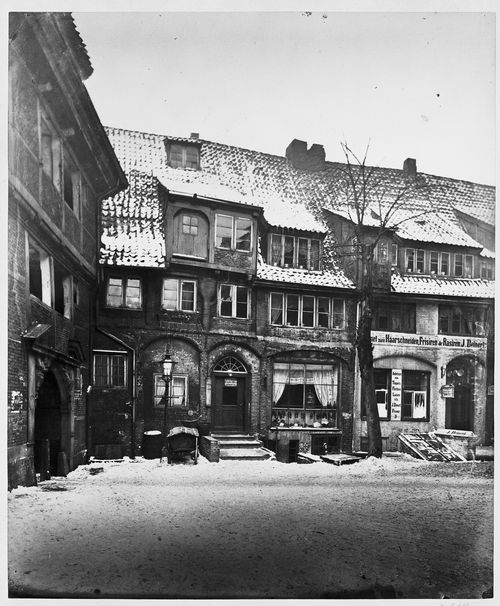 Church of Saint Jacob square with surrounding residences, in winter, Hamburg, Germany
