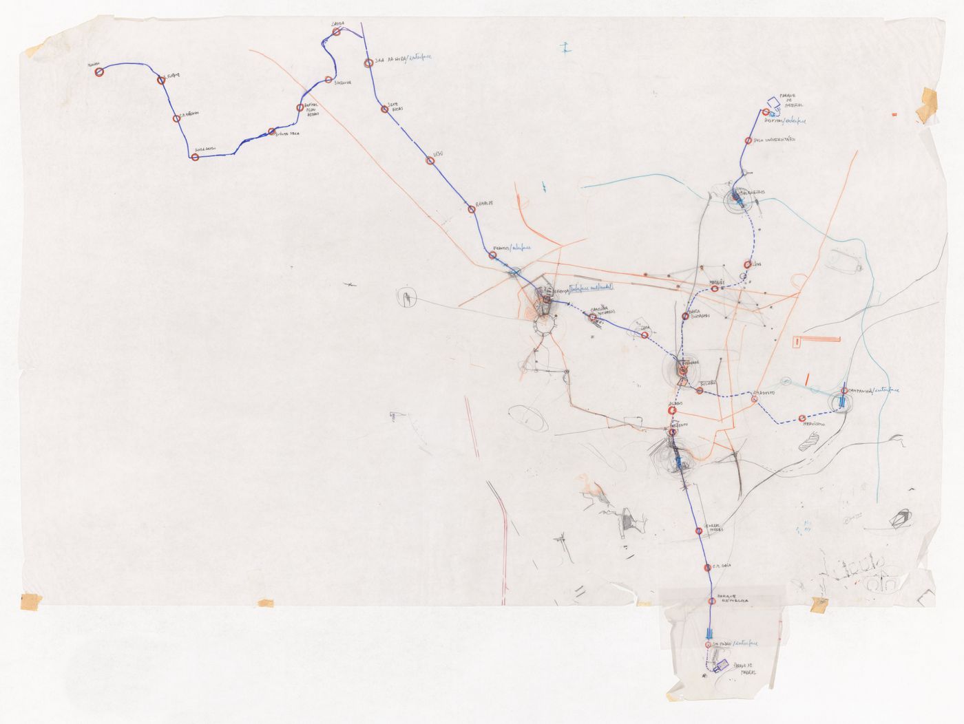 Metro map sketch for Concurso para o Metro do Porto, Porto, Portugal