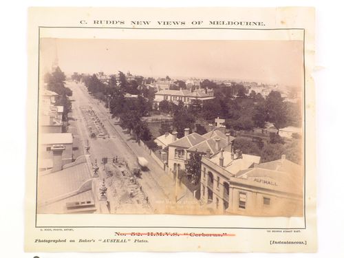 View of St. Kilda Road under construction showing Alfred Hall from the tower of the [M]ursytion [?] Hotel, Melbourne, Australia