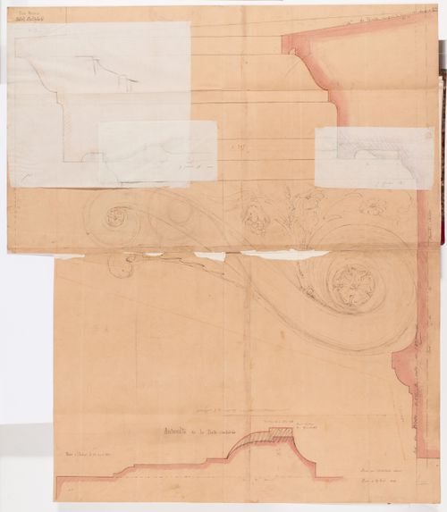 Full-scale elevation and profile for the cornice and consoles for the first floor balcony and full-scale profile for a moulding for the porte cochere, Hôtel Soltykoff