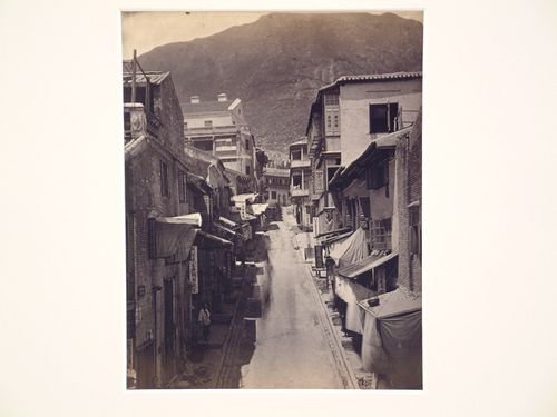 View of Cochrane Street looking southwest towards Victoria Peak, Hong Kong (now Hong Kong, China)