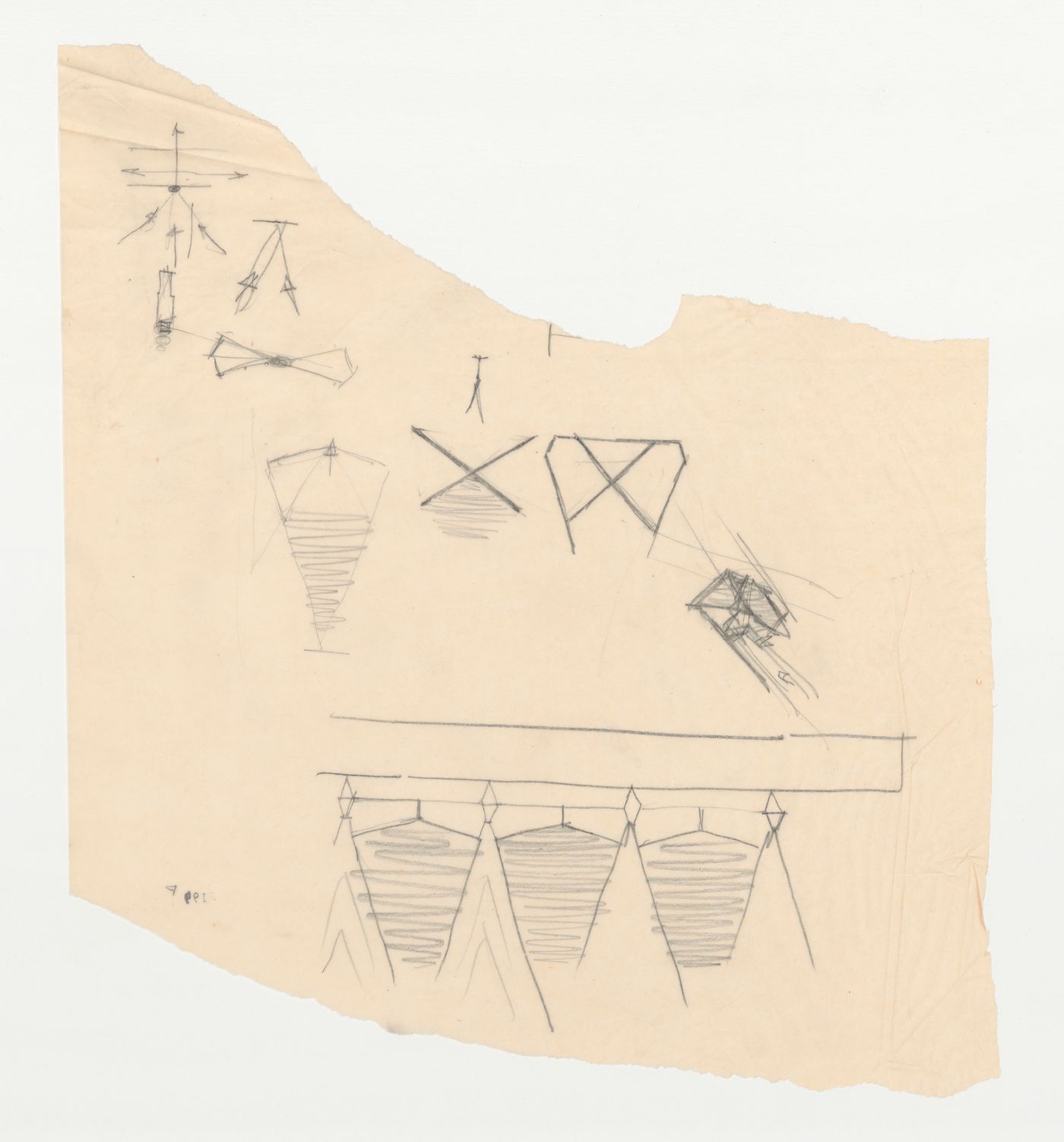 Sketches for a chapel roof canopy, including a partial elevation, based on the Wayfarers' Chapel design