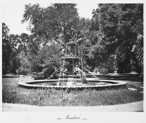 View of the grounds: sculptural fountain, Thurlow Lodge, Menlo Park, California