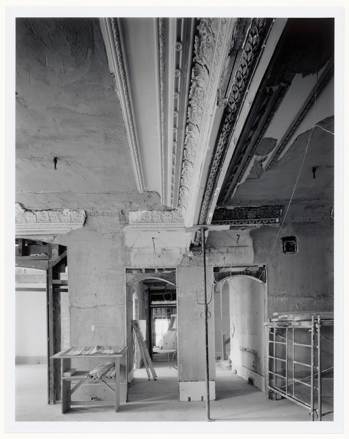 Interior view of a reception room showing the original decorative plaster cornice, Shaughnessy House under renovation, Montréal, Québec