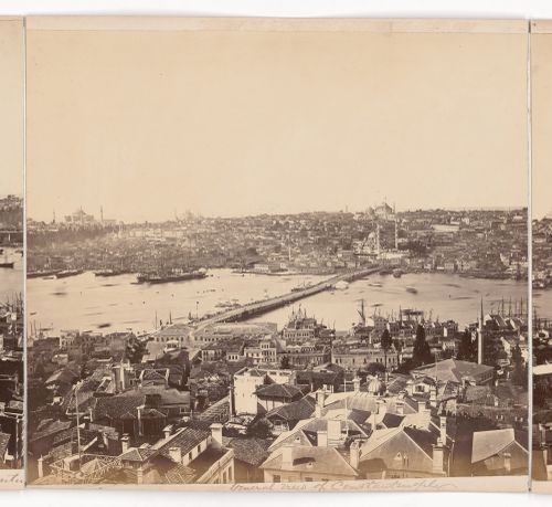 Partial view of Constantinople showing the Haliç (also known as the Golden Horn), the Galata Bridge, the Yeni Camii (also known as the Yeni Valide Camii and the New Mosque), the Nuruosmaniye Camii, Hagia Sophia (also now known as Ayasofya Müzesi) and the 