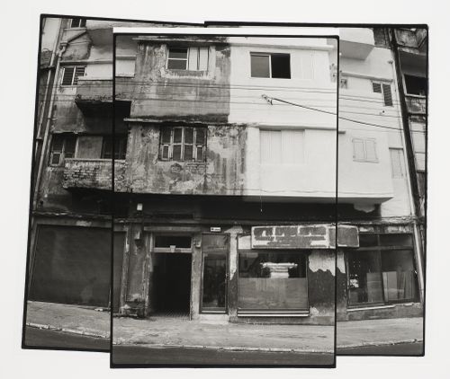 Photomontage of apartment houses and an abandoned store, Tel Aviv, Israel