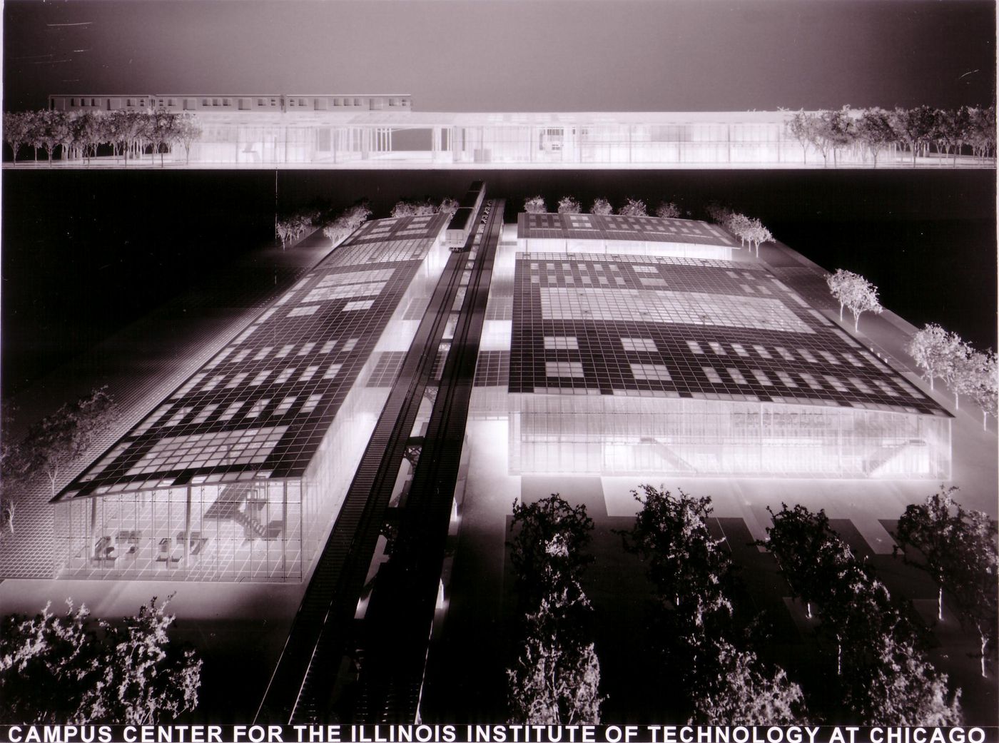 Two views of model, submission to the Richard H. Driehaus Foundation International Design Competition for a new campus center (1997-98), Illinois Institute of Technology, Chicago, Illinois