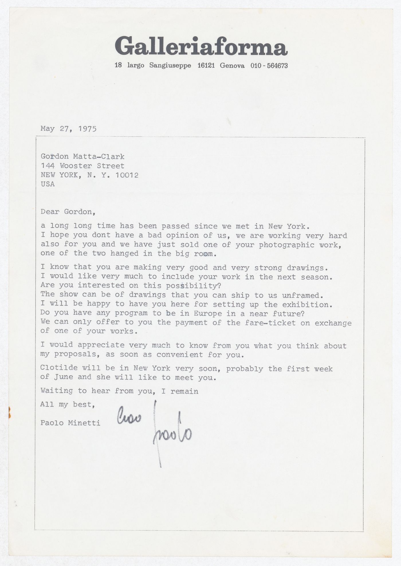 Letter from Paolo Minetti to Gordon Matta-Clark