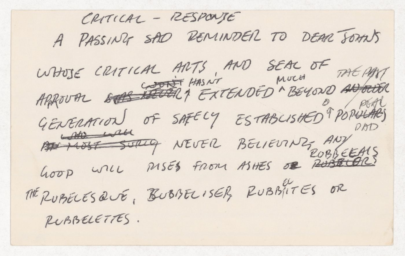 Critical - response a passing sad reminder to dear johns whose critical arts and seal of approval...