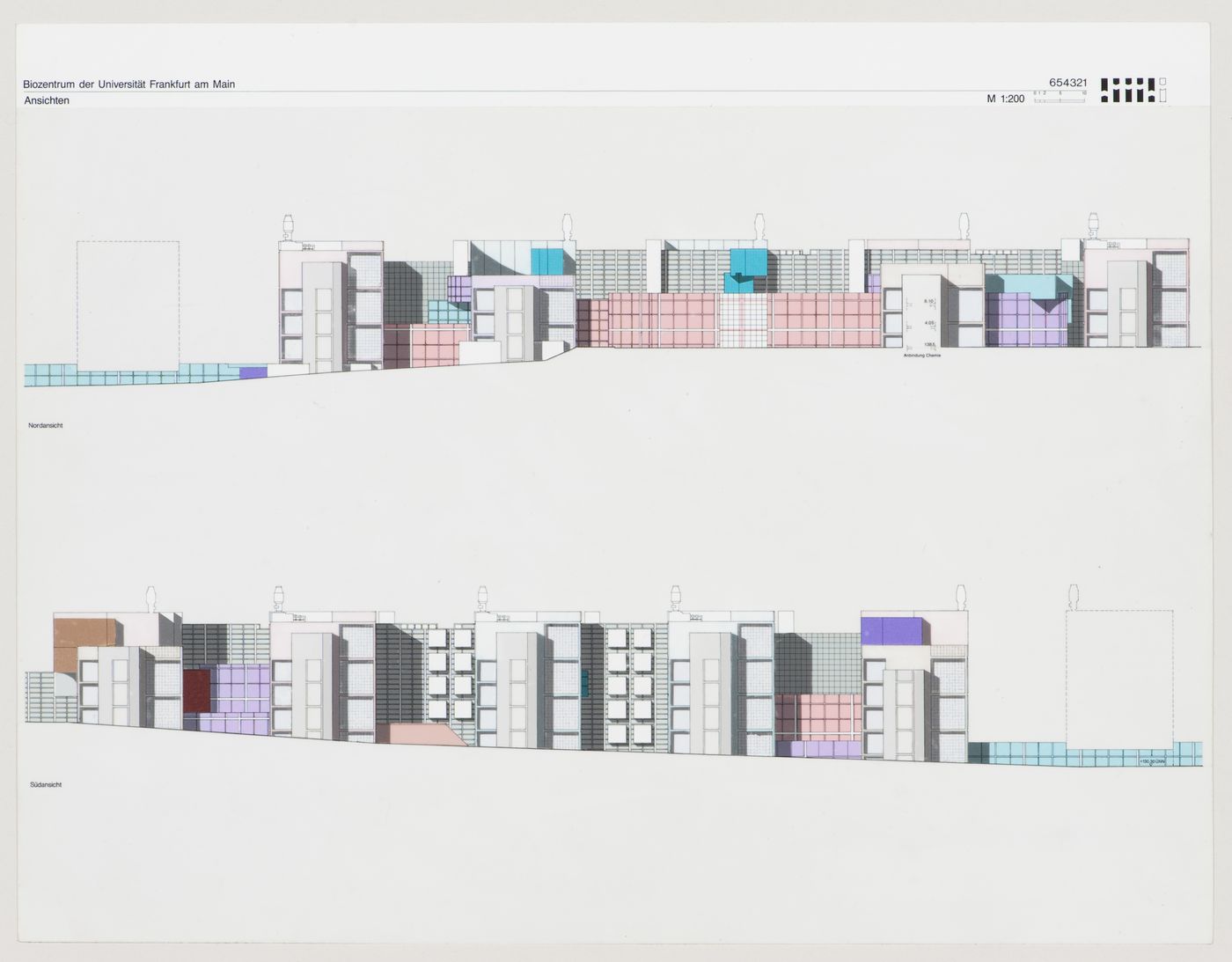 North and south elevations, Biozentrum - Biology Center for the J.W. Goethe University, Frankfurt am Main, Germany