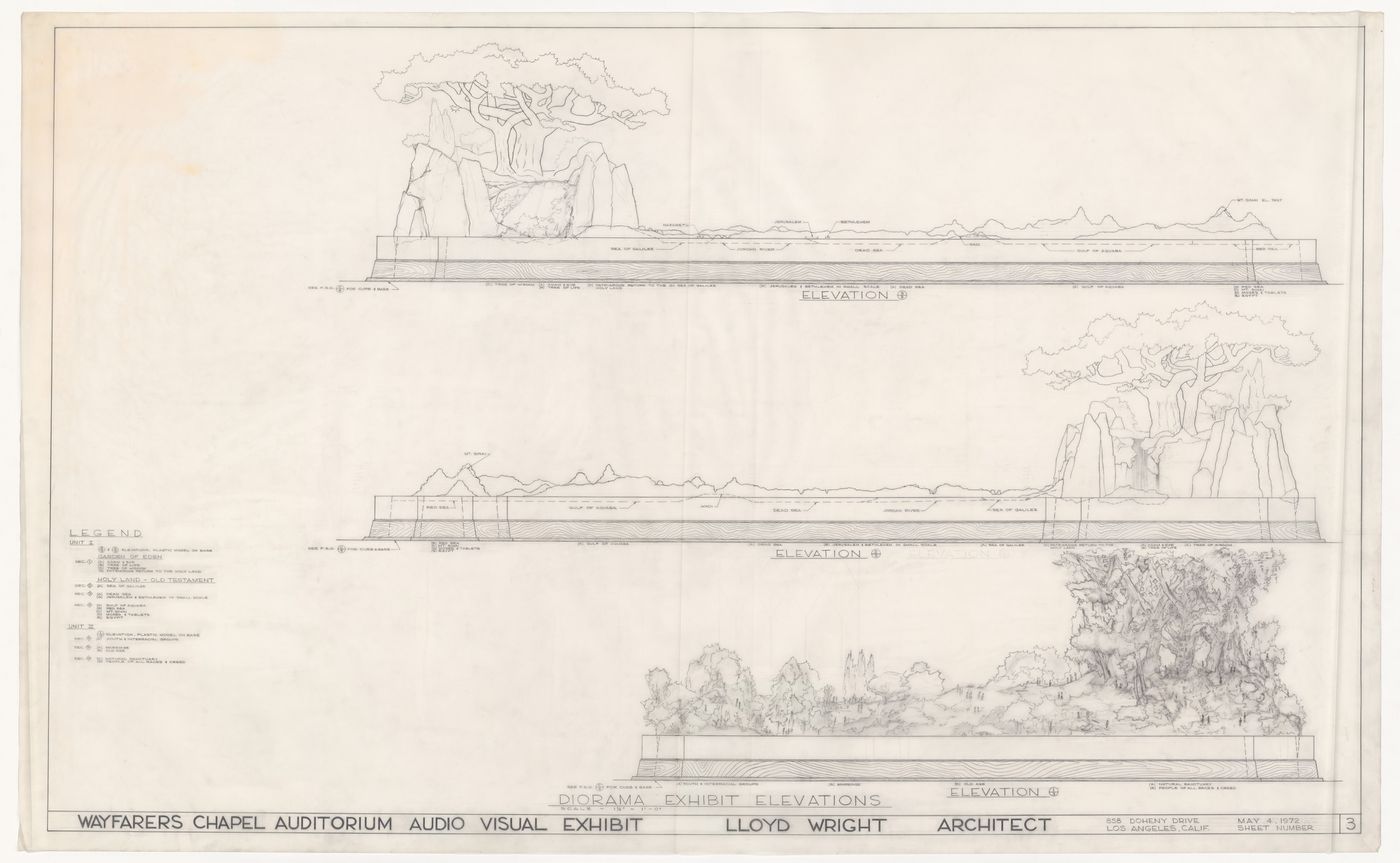 Wayfarers' Chapel, Palos Verdes, California: Three elevations for Swedenborgian educational models for the auditorium audiovisual exhibition