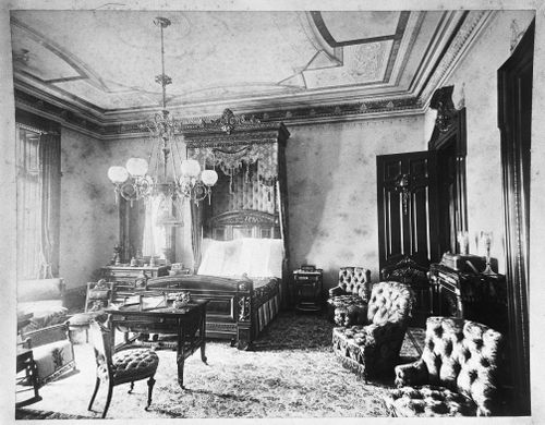 Bedroom with chairs and writing desk, Linden Towers, James Clair Flood Estates, Atherton, California