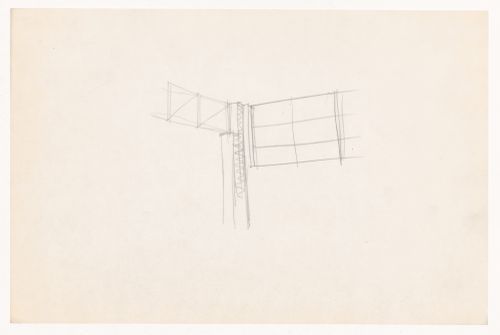 Perspective sketch for corner showing truss, column and wall for the Gymnasium