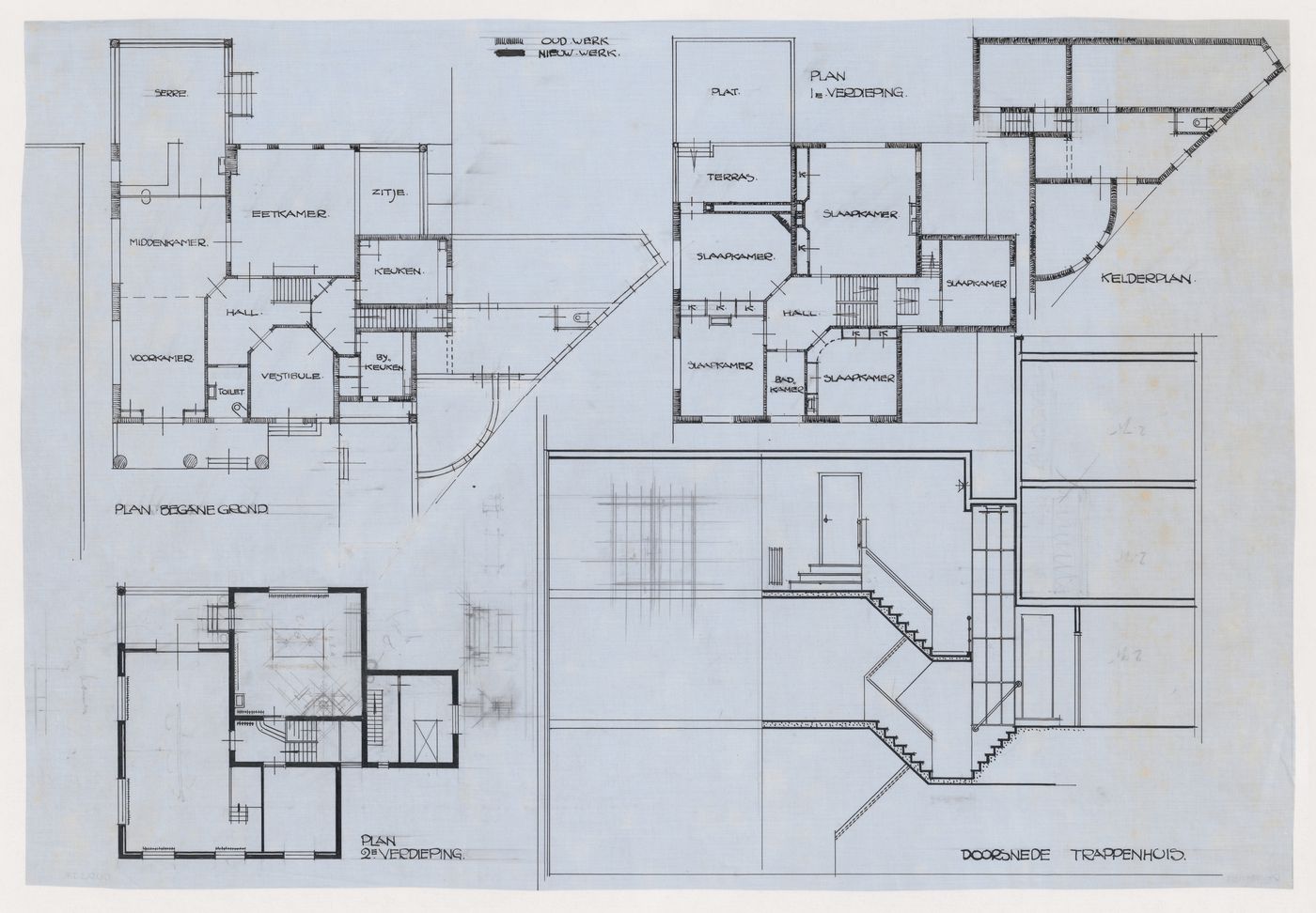 Plans and partial section for additions by J.J.P. Oud for Villa Allegonda, Katwijk aan Zee, Netherlands