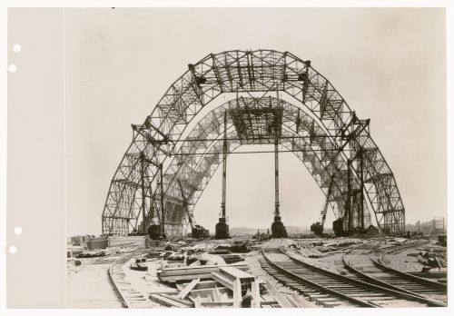 View of construction of the steel framework of the Goodyear-Zeppelin airship factory and dock in Akron, Ohio, United States