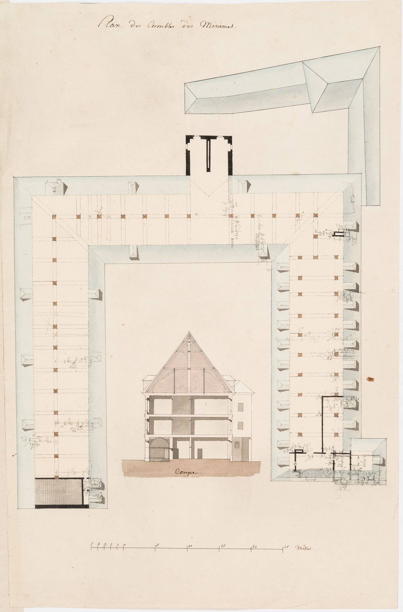 Project for alterations to the Caserne des Minimes, rue des Minimes: Cutaway roof plan and cross section