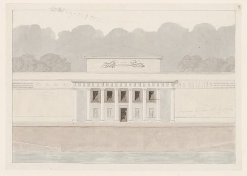 1802 Grand Prix Competition: Partial plan, elevation and partial cross section for a public fair on the banks of a large river showing a small theatre and ground floor plan for a small theatre