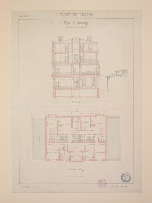 Student engineering drawing: second floor section of a residential and administrative building for a tramway depot competition