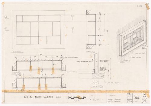 Plan, elevation, section, detail and axonometric view for Dining room cabinet, residence of Dr. YP Goyal, Kurukshetra, India
