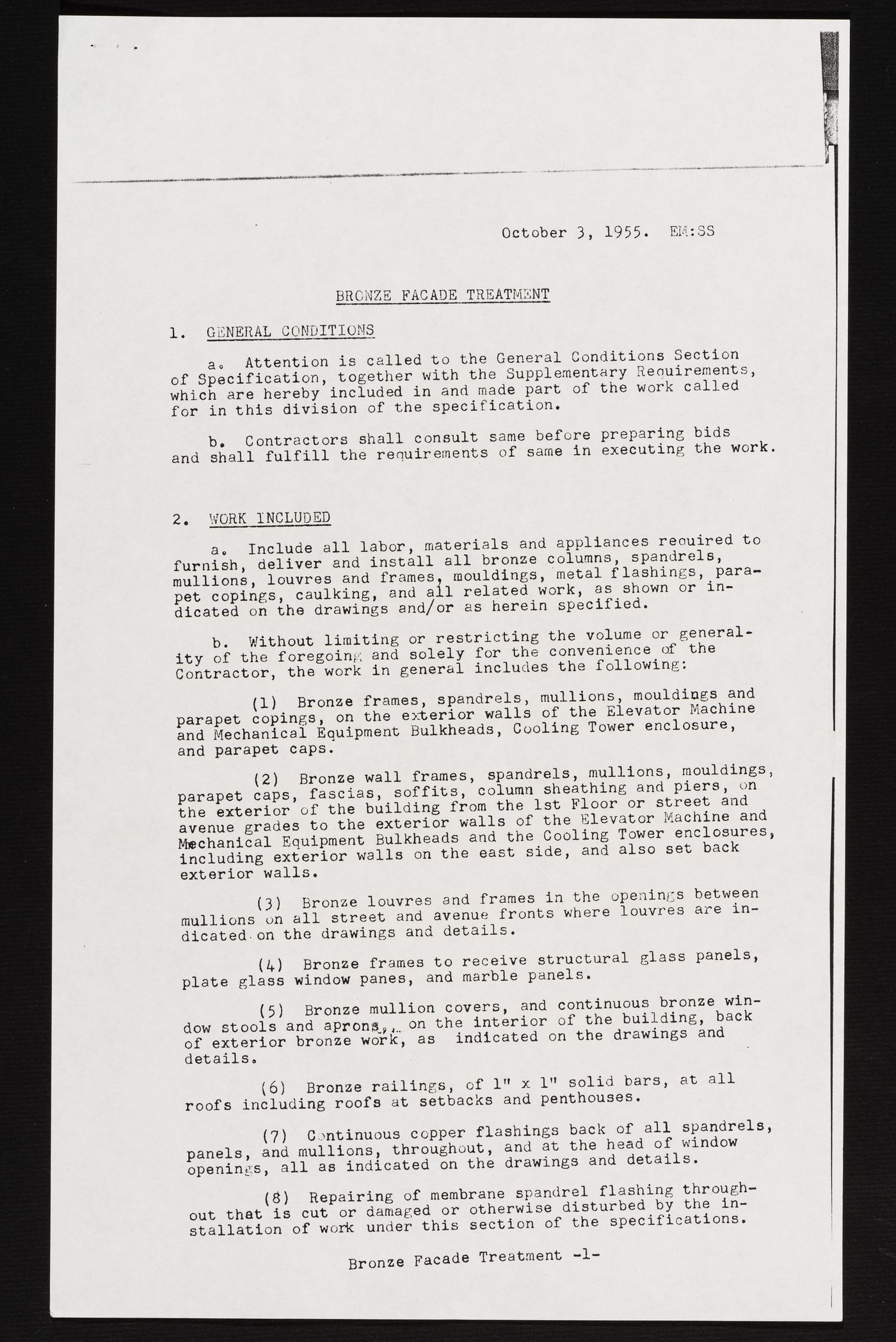 Specifications for bronze facade treatment for Seagram Building, 375 Park Avenue, New York, New York