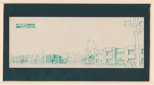 Student [?] competition drawing showing a perspective for the relationship between a student union and a student [?] housing development, Netherlands