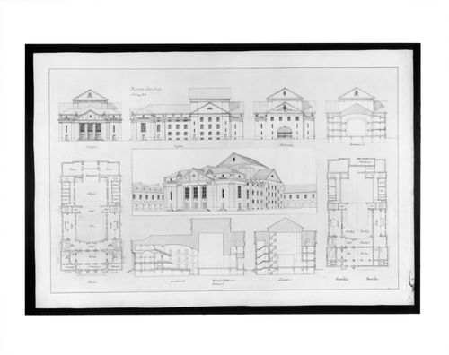Student presentation drawing showing plans, sections, elevations and perspective for a theatre, Technische Hogeschool Delft, Netherlands