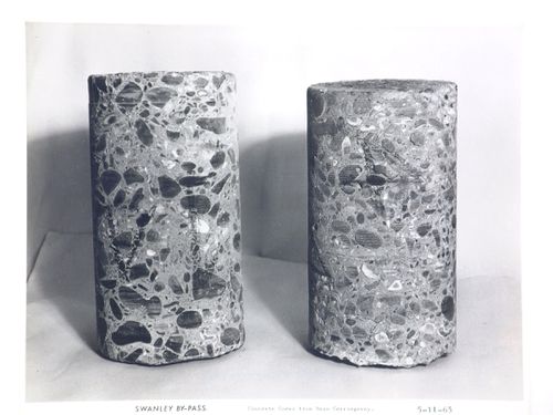 Studio view of concrete cores from main carriageway of the Swanley Bypass, England
