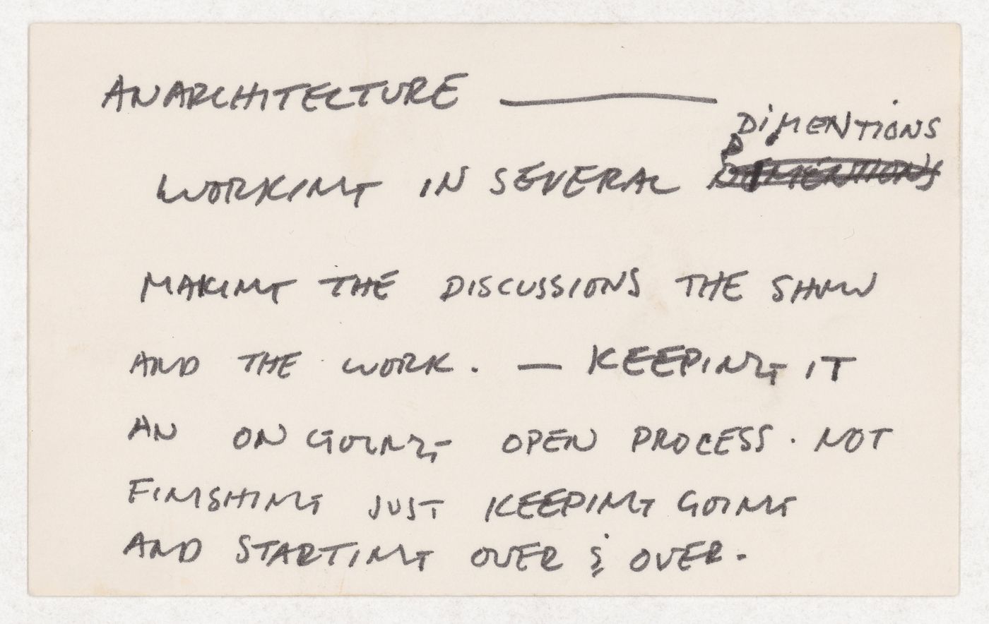 Anarchitecture - working in several dimentions / Making the discussions the show and the work. - / Keeping it an ongoing open process. not finishing just keeping going and strarting & over and over
