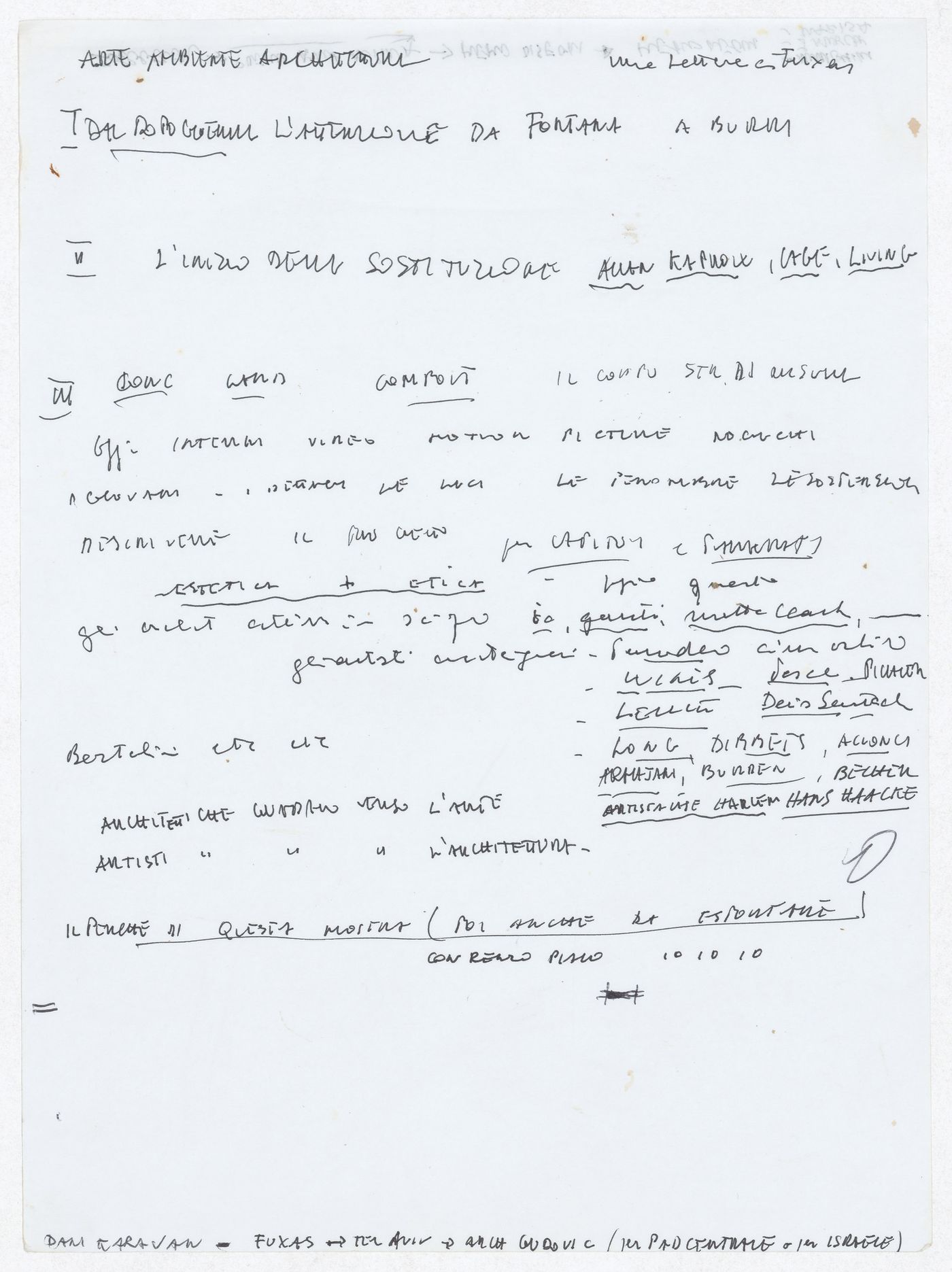 Notes for the exhibition on James Wines at the Venice Biennale; verso: manuscript