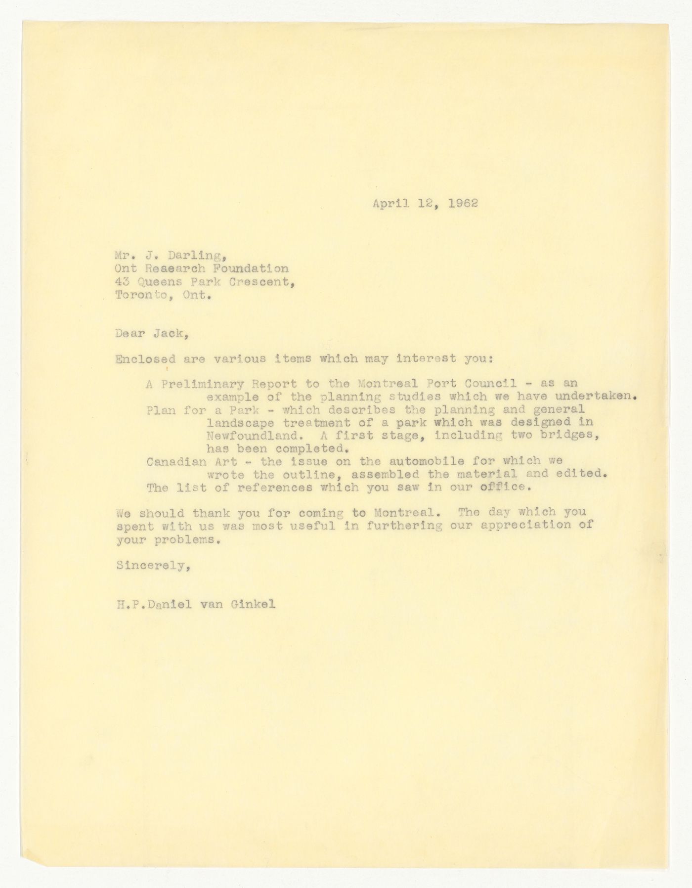 Letter from H. P. Daniel van Ginkel to Jack Darling for Ontario Research Foundation, Meadowvale, Ontario