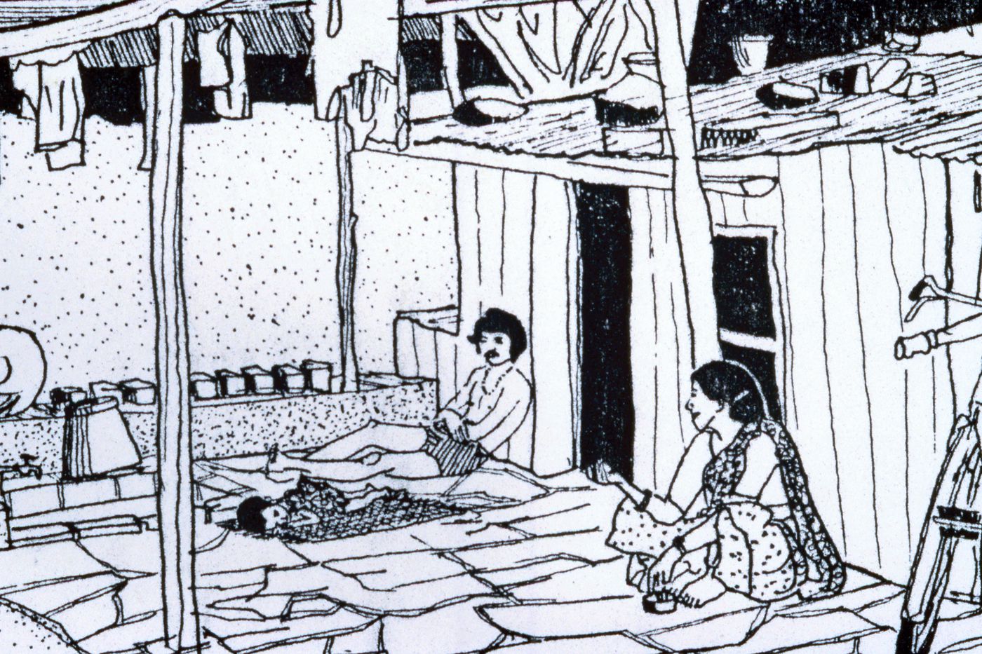Illustration of family using house outdoor space for the Human Settlement Training Package "Package 1: Planning guidelines"