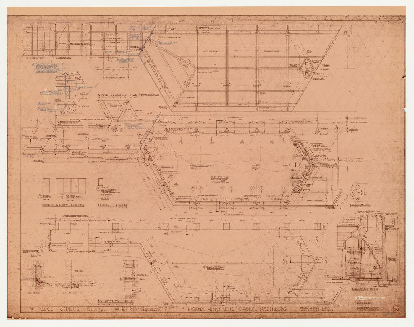 Wayfarers' Chapel, Palos Verdes, California: Plans and details for foundations, ground floor and roof for the parish house, section through the chimney, and door and window schedule for the parish house, including typical grid unit and indicating post-con