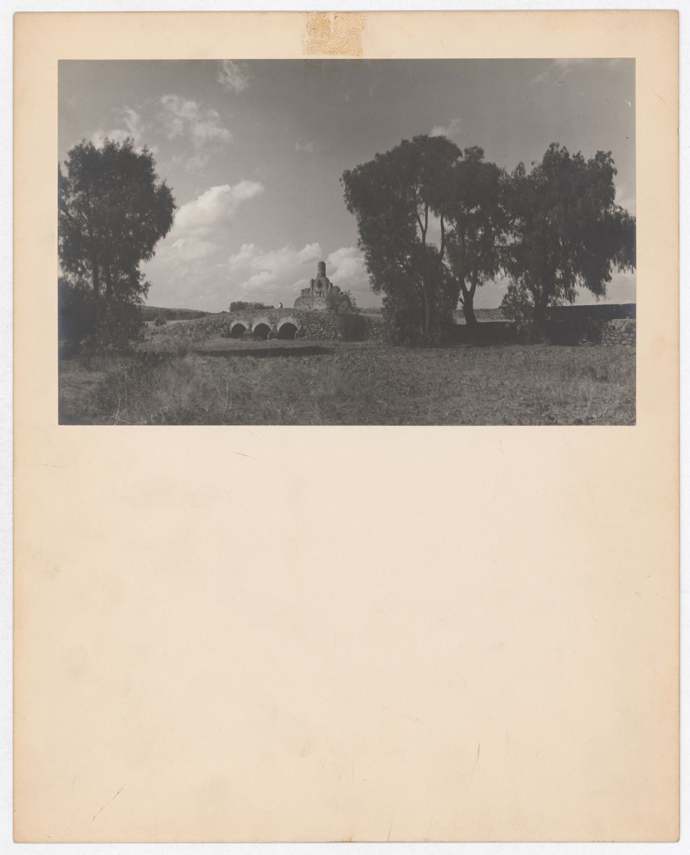 Distant view of a bridge, near the old Texcoco-Zumpango causeway [?], Mexico