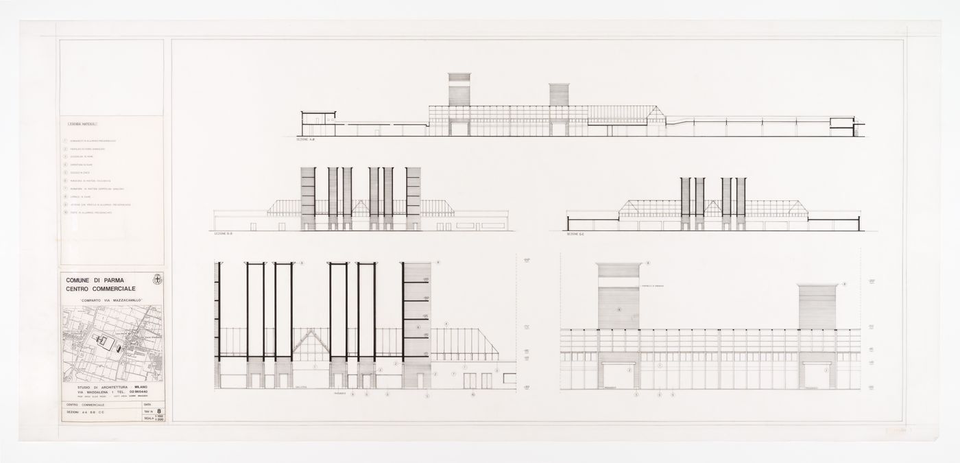 Sections A-A, B-B, and C-C, Complesso commercial Centro Torri a Parma, Italy