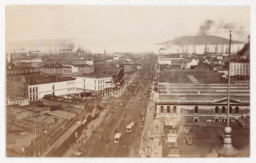 View of Market Street and city from above, looking toward San Francisco Bay, San Francisco, California