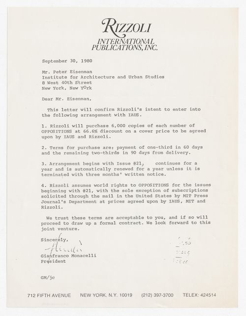 Letter from Gianfranco Monacelli to Peter D. Eisenman about distribution of Oppositions Journal by Rizzoli