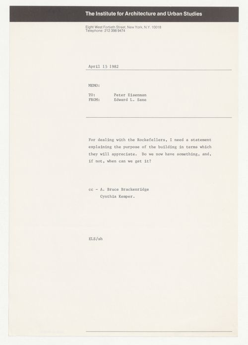 Memorandum from Edward L. Saxe to Peter D. Eisenman about contacting the Rockefellers