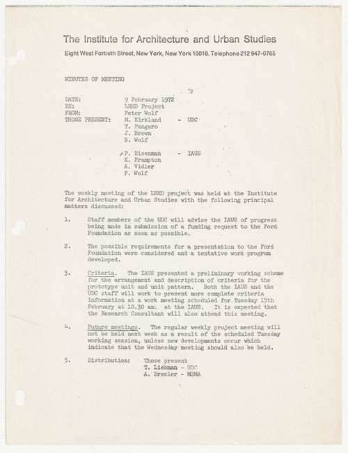 Minutes of meeting between Urban Development Corporation (UDC) and IAUS about Low-Rise High-Density (LRHD)