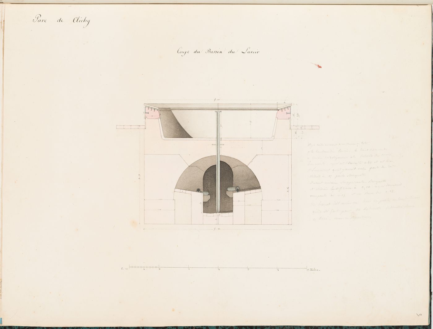 Cross section for a washhouse basin and its waterworks, Parc de Clichy